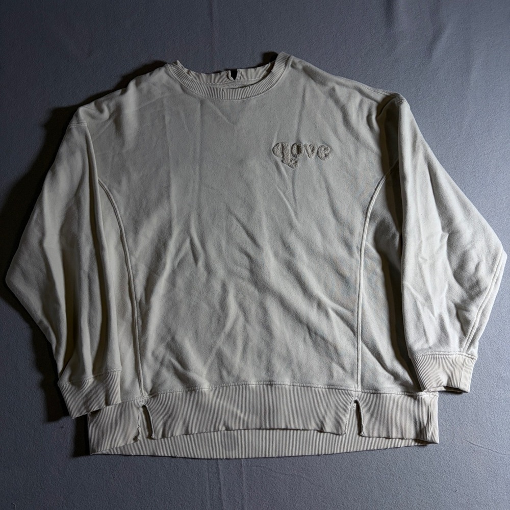 Aerie Love Embroidered Oversized Sweatshirt Tan Beige Distressed Crewneck M